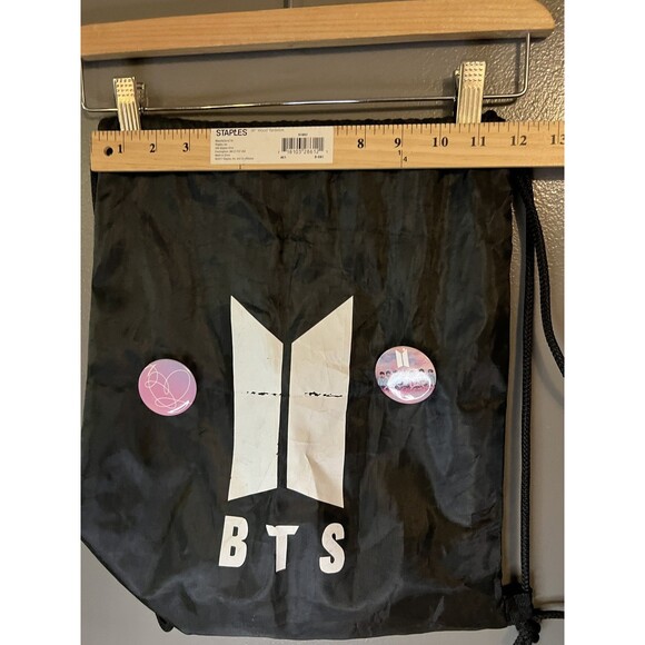 BTS Drawstring Backpack Bag Black K-Pop Logo with Love Yourself Button Pins Set - Picture 5 of 6